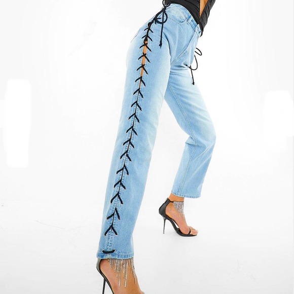Boohoo Denim - High Waist Boyfriend Side Lace Up Jeans Boohoo Size 10 Long